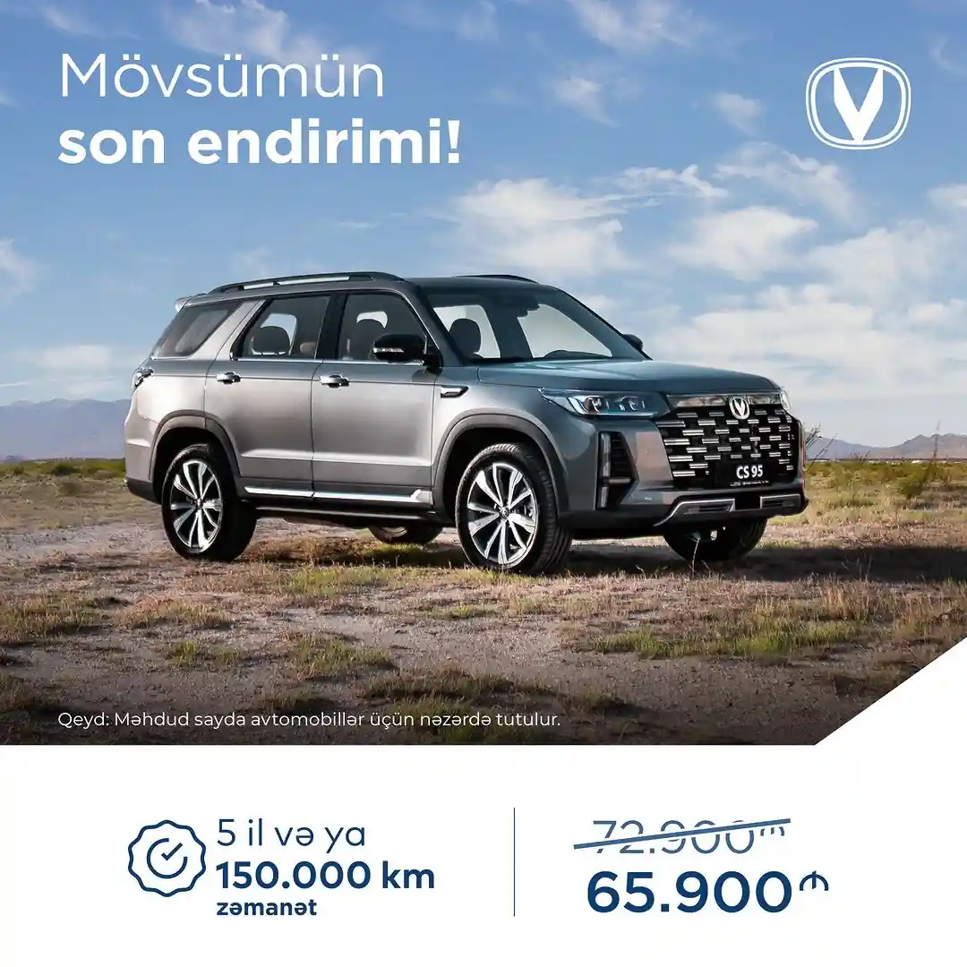 Mövsümün son təklifindən yararlan!
CHANGAN CS95 modelini mövsümün son endirimi ilə 65 900 AZN-ə CHANGAN rəsmi satış mərkəzindən əldə edə bilərsən.
Ətraflı məlumat üçün:
📞 *5544
🌐 changan.az
📍Əhməd Rəcəbli 40B
#maşın #avtomobil #changan #changanazerbaijan #changanauto #ChanganCS #changanCS95 #CS95 #MövsümünSonEndirimi