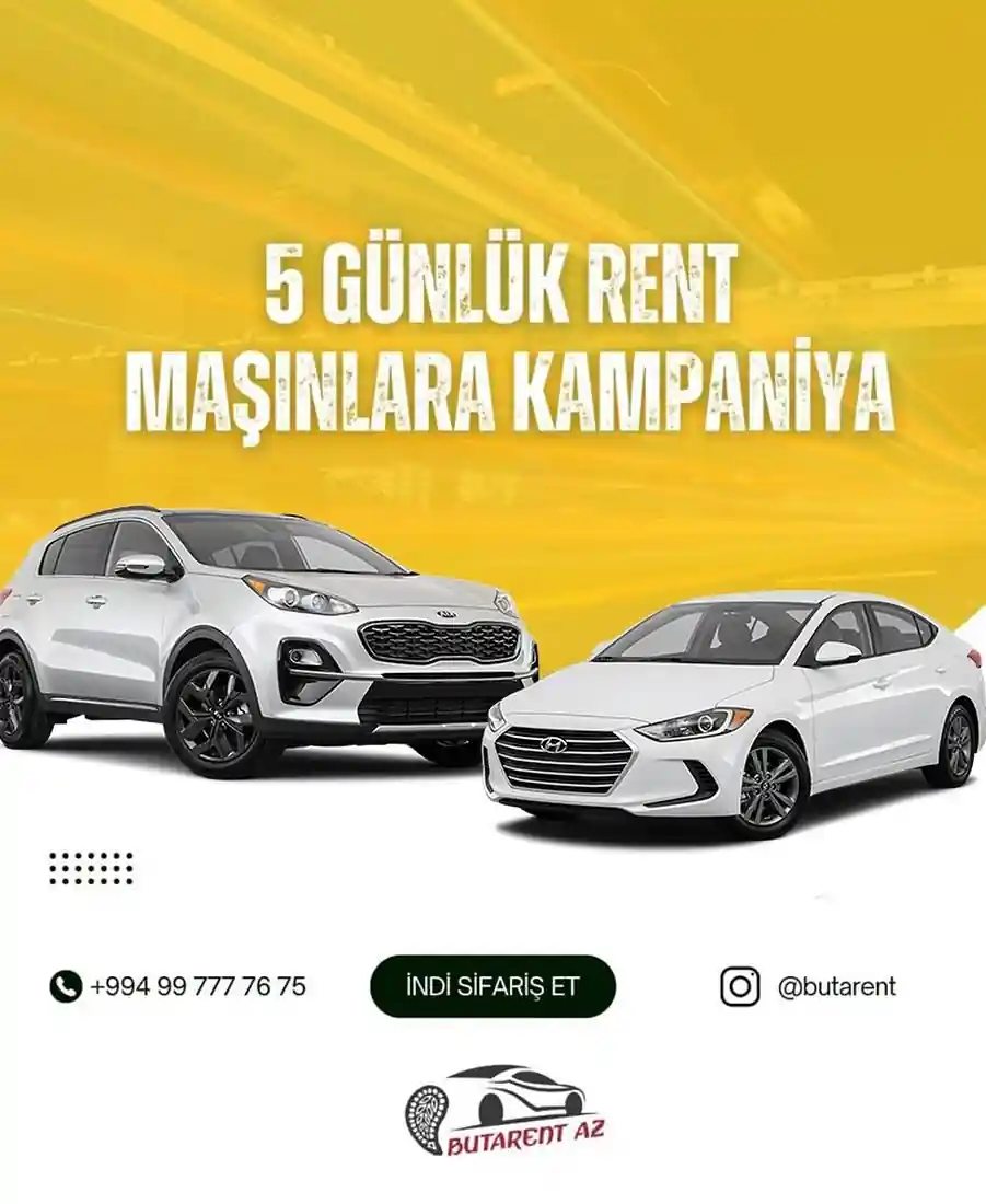 👍Avtomobillərin sərfəli qiymətlərlə gündəlik,həftəlik,aylıq icarəsi/ Rent A Car🚘
✅Minimum Yaş həddi 24
✅2 illik sürücülük təcrübəsi
👍 Yeni kampaniyaya start verdik 5 günlük avtomobil götürənə xüsusi təklifimiz var!
‼️Kampaniya bayram günlərində keçərli deyil‼️
⬇️Ətraflı məlumat üçün / For information⬇️
📲Əlaqə:+99499 777 76 75
#rentacar #rentcar #carrental #rentacarazerbaijan #rentacarbaku #butarent #butarentaz #avtombilicaresi #arendamasin #carhire #carhirebaku #carhireazerbaijan