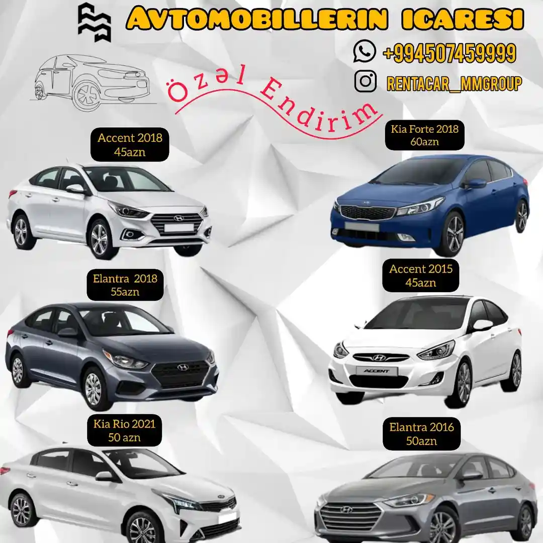 ☎️ || 𝙒𝙝𝙖𝙩𝙨𝘼𝙥𝙥 +𝟵𝟵𝟰𝟱𝟬𝟳𝟰𝟱𝟵𝟵𝟵𝟵
● Avtomobillərin icarəsi
● Aylıq, Həftəlik, Gündəlik
● Minimum yaṣ həddi - 𝟐𝟑
● Sürücülük vəsiqəsi ən azı - 𝟐il
_______________________________
☎️ || 𝙒𝙝𝙖𝙩𝙨𝘼𝙥𝙥 +𝟵𝟵𝟰𝟱𝟬𝟳𝟰𝟱𝟵𝟵𝟵𝟵
● Прокат автомобилей
● Ежемесячно, еженедельно, ежедневно
● Минимальный возраст - 𝟐𝟑
● Водительские права не менее - 𝟐лет
