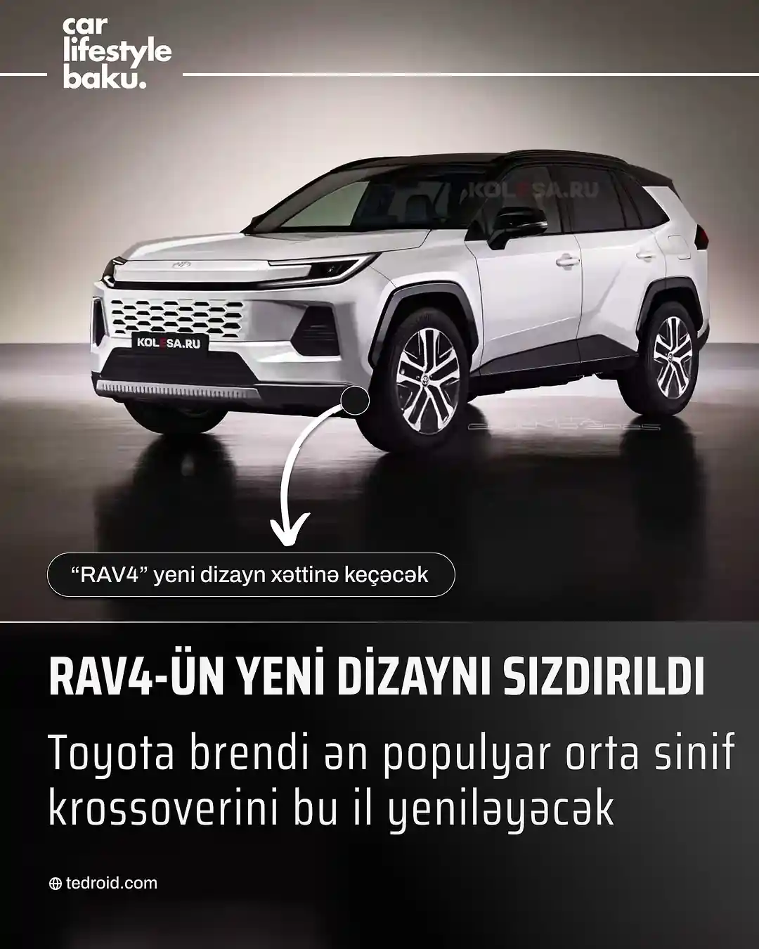 📣 Yeni nəsil Toyota RAV4 ilk dəfə görüntüləndi!
📌 Yenilənmiş dizayn və daha aqressiv görünüş
📌 Texniki detalların yaxın vaxtlarda açıqlanması gözlənilir
- Toyota markasının ən populyar krossoverlərindən biri olan RAV4, yeni nəsli ilə gündəmə gəldi. Sızdırılan görüntülərə əsasən, model daha aqressiv və modern dizayna sahib olacaq. Xüsusilə avtomobilin ön hissəsindəki yeni optik elementlər və fərqli radiator barmaqlığı diqqət çəkir.
- Hələlik Toyota yeni RAV4-ün texniki detalları barədə rəsmi açıqlama verməsə də, yeni platforma üzərində qurulacağı və daha güclü hibrid versiyanın təqdim ediləcəyi ehtimal olunur. Bundan əlavə, aerodinamik quruluşun yaxşılaşdırılması sayəsində yanacaq sərfiyyatında da irəliləyiş gözlənilir.
- Avtomobilin tam təqdimat tarixi və rəsmi texniki göstəriciləri yaxın zamanda açıqlanacaq. Hazırda əldə edilən məlumatlara əsasən, Toyota yeni RAV4 modelində həm daxili, həm də xarici dizaynda ciddi dəyişikliklər edib.
