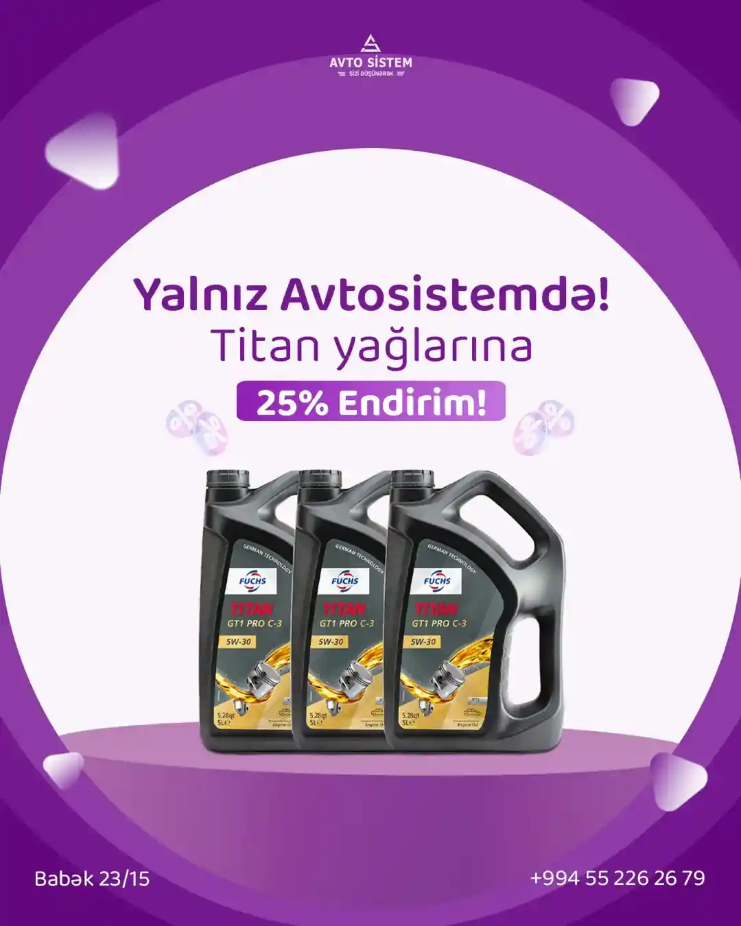 Bu fürsət yalnız Avtosistemdə ola bilərdi! Sizlər üçün Titan yağlarına 25% ENDİRİM etdik!🥳
Avtomobiliniz üçün ən keyfiyyətli məhsulları endirimli qiymətə əldə etmək üçün elə indi mağazamıza üz tutun!🎉
Avtosistem - Sizi düşünərək...
📞 050 242 06 26 (WhatsApp aktiv)
🌐 avtosistem.az
📩 info@avtosistem.az
📍 Babək pr. 2315 (Maşın bazarının yanı)