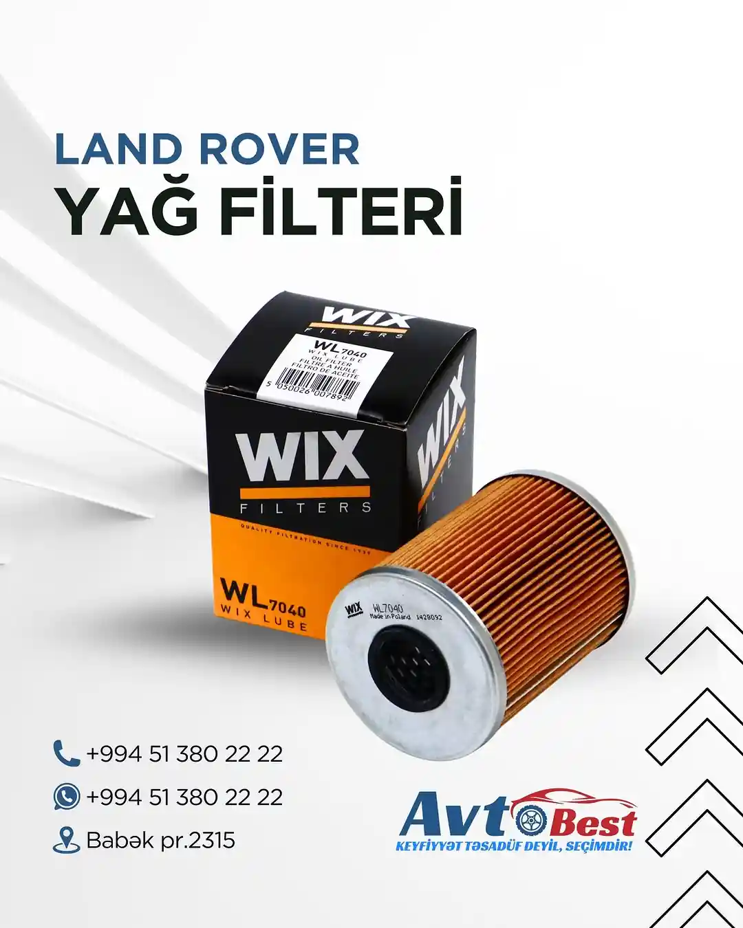 Land-Rover modelləri üçün "Yağ filteri"
Məhsulu Avtobest’dən əldə edə bilərsiniz👍🏻
✅ Birkart və Tamkart (3 və 6 ay)
✅ Ünvana çatdırılma
☎ Əlaqə
• Mercedes-Benz / 0502741710
• Toyota-Lexus / 0515006444
• Hyundai-KIA / 0775006444
• BMW / 0513802222
📌Ünvan • Bakı, Babək prospekti 2315 (Mala Praqa restoranı keçən kimi sağda
"Avtobest ehtiyat hissələri" mağazası.)
